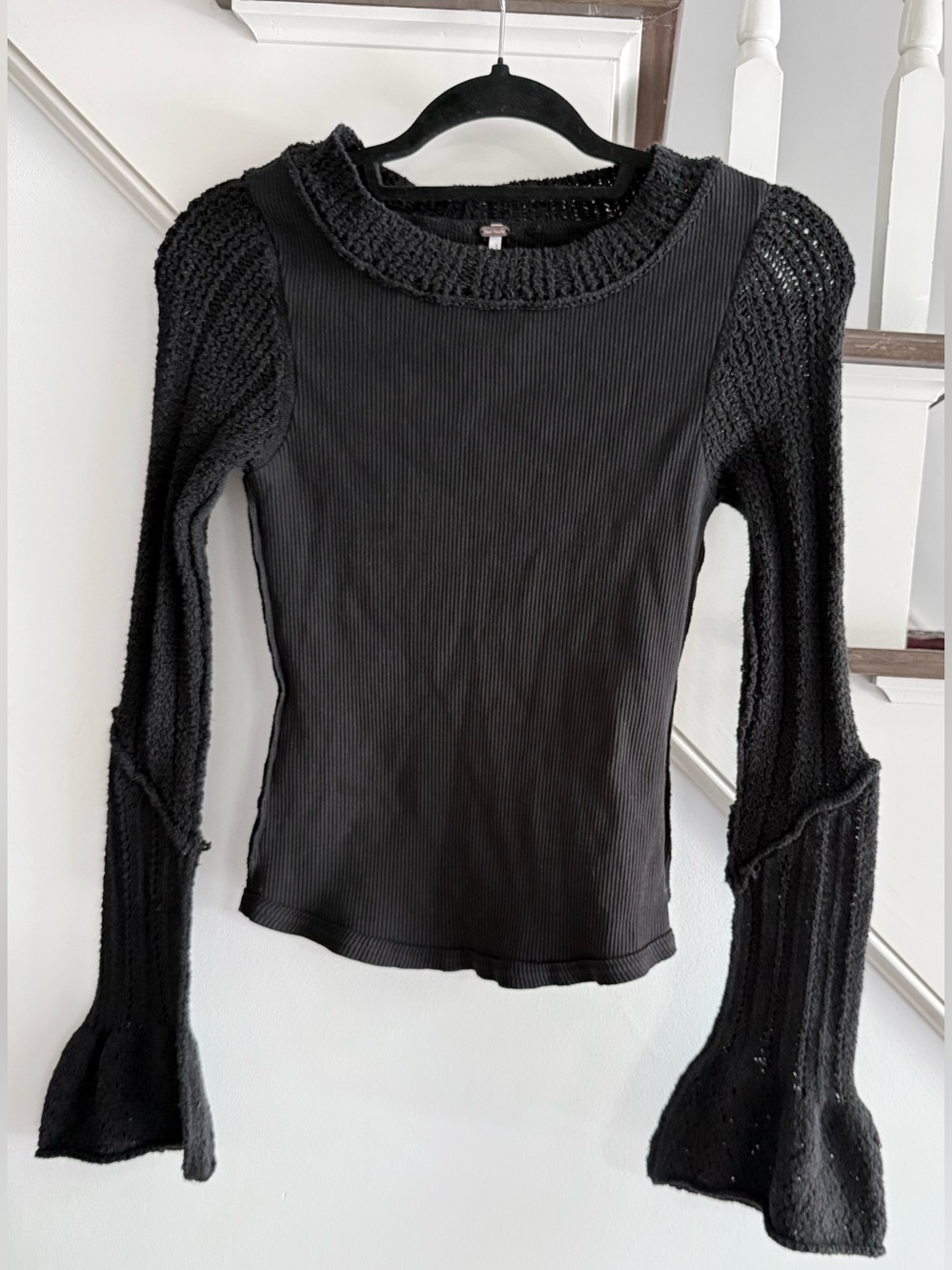 Free People LIKE NEW Black Mixed-Knit Long Sleeve Top